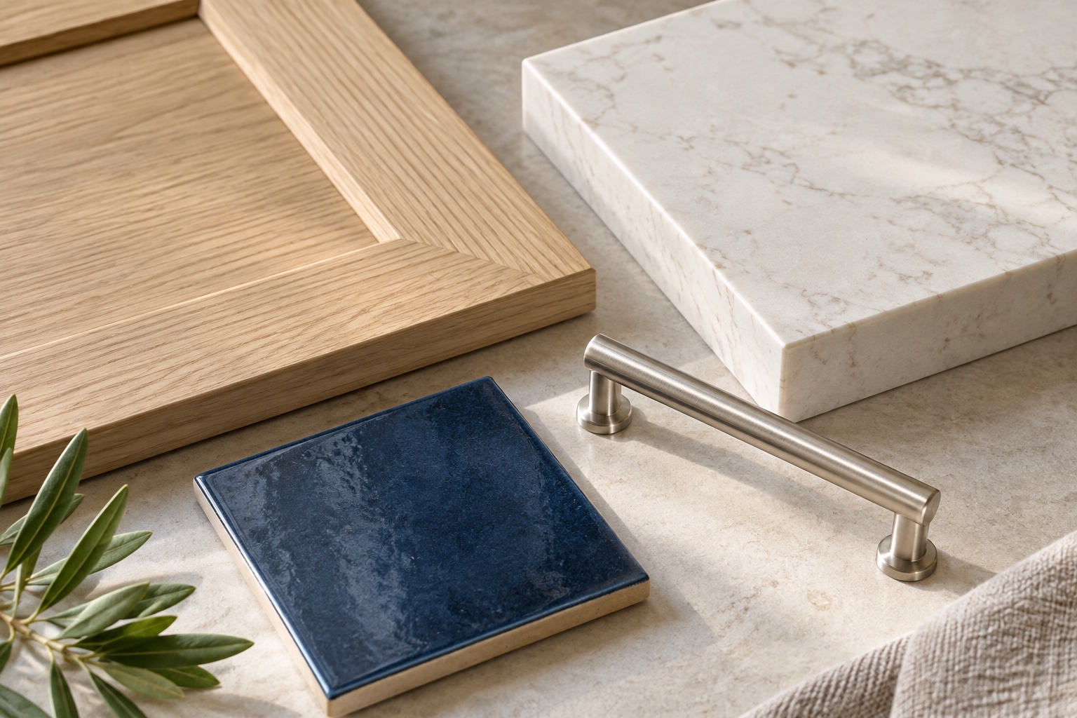 Illustrative oak, quartz, tile and cabinet handle material study
